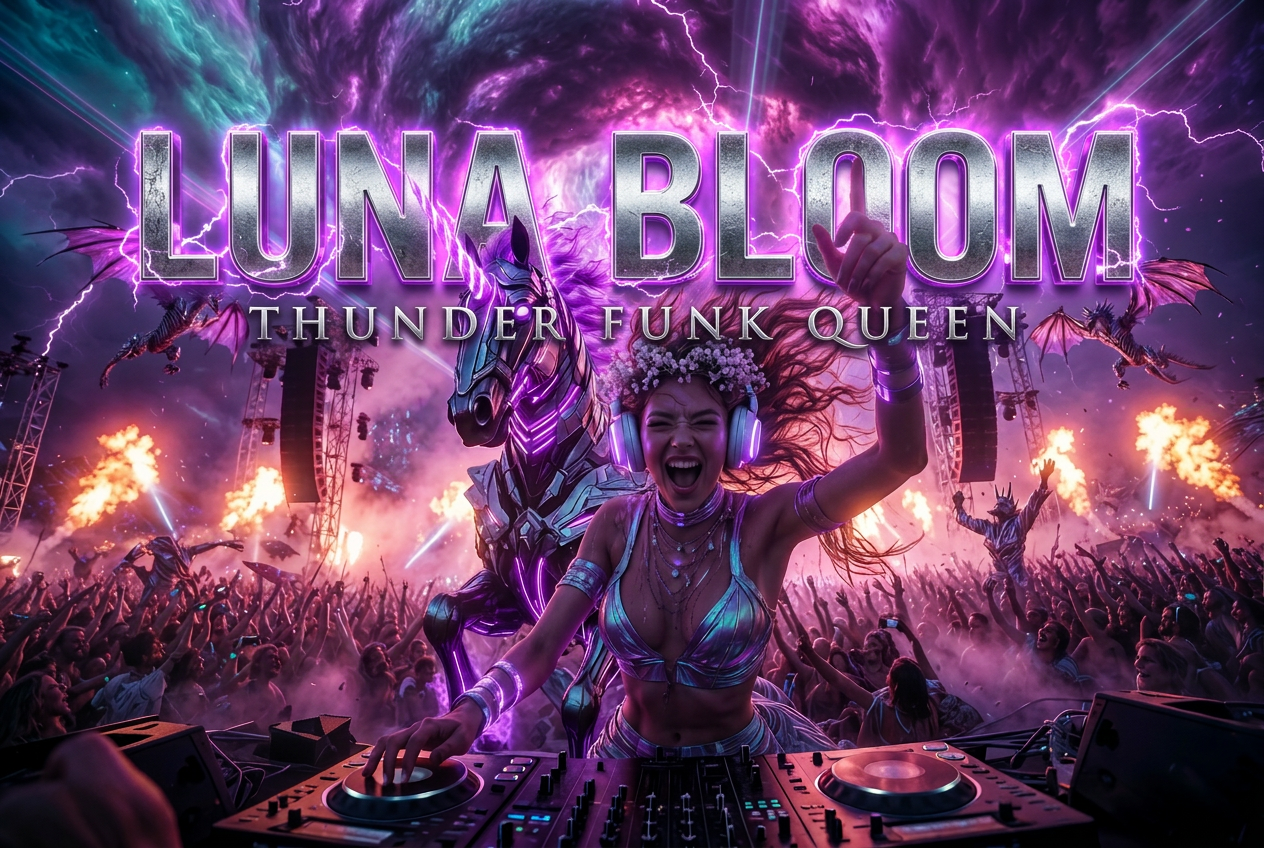 Luna Bloom — Thunder Funk Queen channeling the Rave Nebula with a chrome unicorn, dragons, and lightning